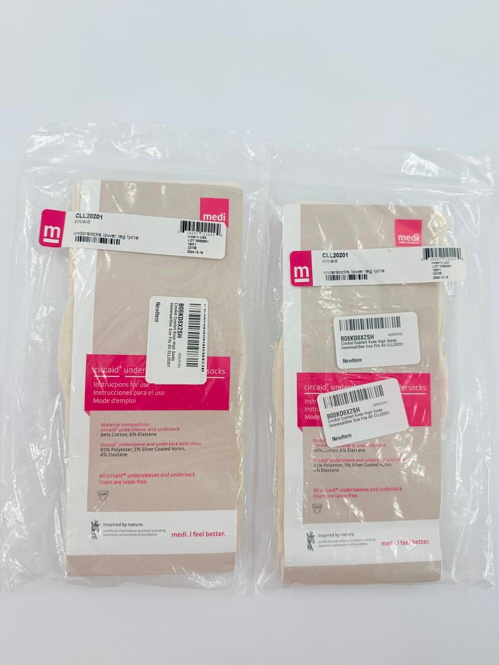 Lot of 2 medi circaid CLL20201 Undersocks Lower Leg Lycra Knee High One Size NWT